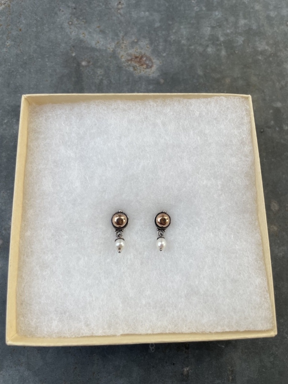 Dainty Pearl Sterling and Copper Drop Earrings - Picture 3 of 4